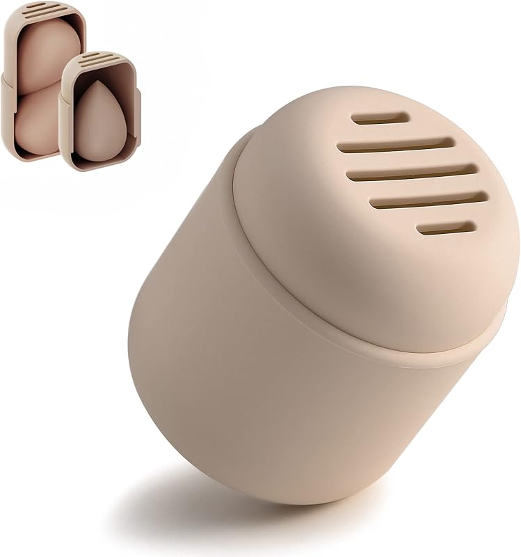 Makeup Sponge Holder, Silicone Beauty Sponge Case with Double-Sided Vent Design for Quick Drying, Compact Travel Essentials Make Up Puff Blender Container - Khaki