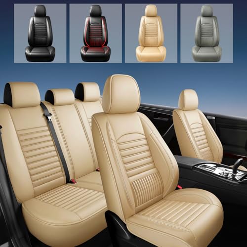 Image of Fit Canyon Car Seat Covers (5 Seats Full Set) Compatible with GMC Canyon 2015-2025 2026-Full Coverage Breathable Leather, Airbag Compatible, Waterproof & All-Weather,Beige