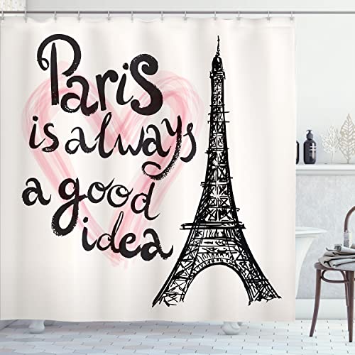 Blancos, Ambesonne Cortina de ducha de la Torre Eiffel, letras en corazón, ilustración de bocetos de Europa moderna, juego de decoración de baño de tela con ganchos,...
