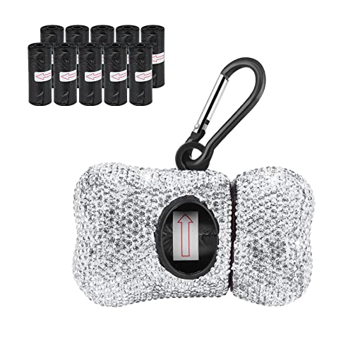 Image of Dog Poop Pickup Bags Holder Dispenser with 10 Roll 150 Bags Random Color Leak-proof Scented Bling Crystal Doggy Waste Bags and Carabiner,White
