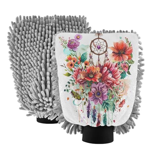 ALAZA Dreamcatcher Flowers Car Wash Mitt Scratch Free, 2 Pack Absorbent Microfiber/Chenille Washing & Drying Mitts, L