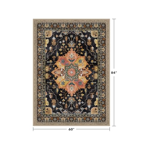 Image of 5x7 Area Rugs for Living Room - Machine Washable 100+ Washes Resistant Non-Slip 1-Second Instant Grip Vintage Boho Home Decor Compatibility Soft Thin Indoor Floor Carpet for Bedroom Dining Room