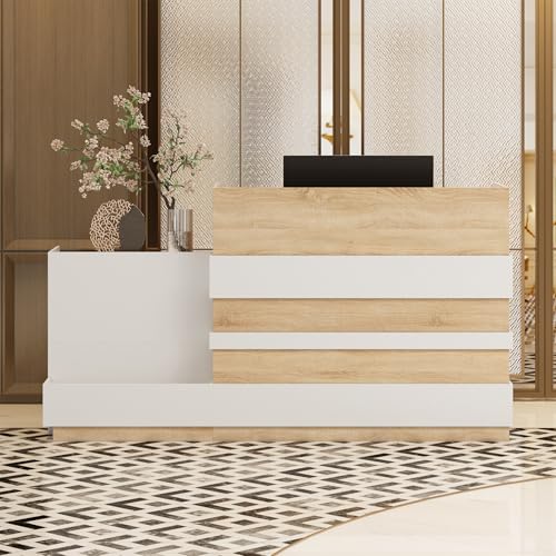 DEZAGCE Mesa de recepción, mostrador de recepción, mostrador de recepción, mesa de recepción, mesa de recepción, mesa de recepción, muebles de oficina, 222 cm x 64 cm x 120 cm, blanco + madera de