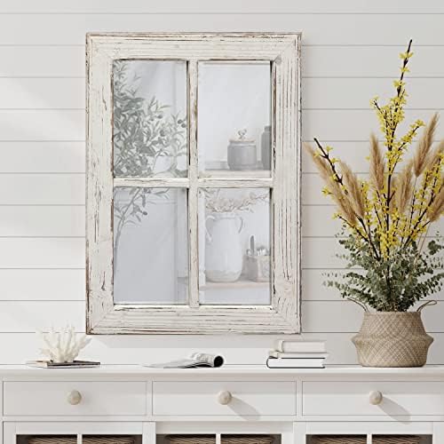 Rustic Window Pane Mirror Wall Decor 11" x 16", Hanging Distressed White Farmhouse Rectangle Wood Frame Mirror, Handmade Decorative Window Mirrors for Living Room Bathroom Bedroom Fireplace Christmas