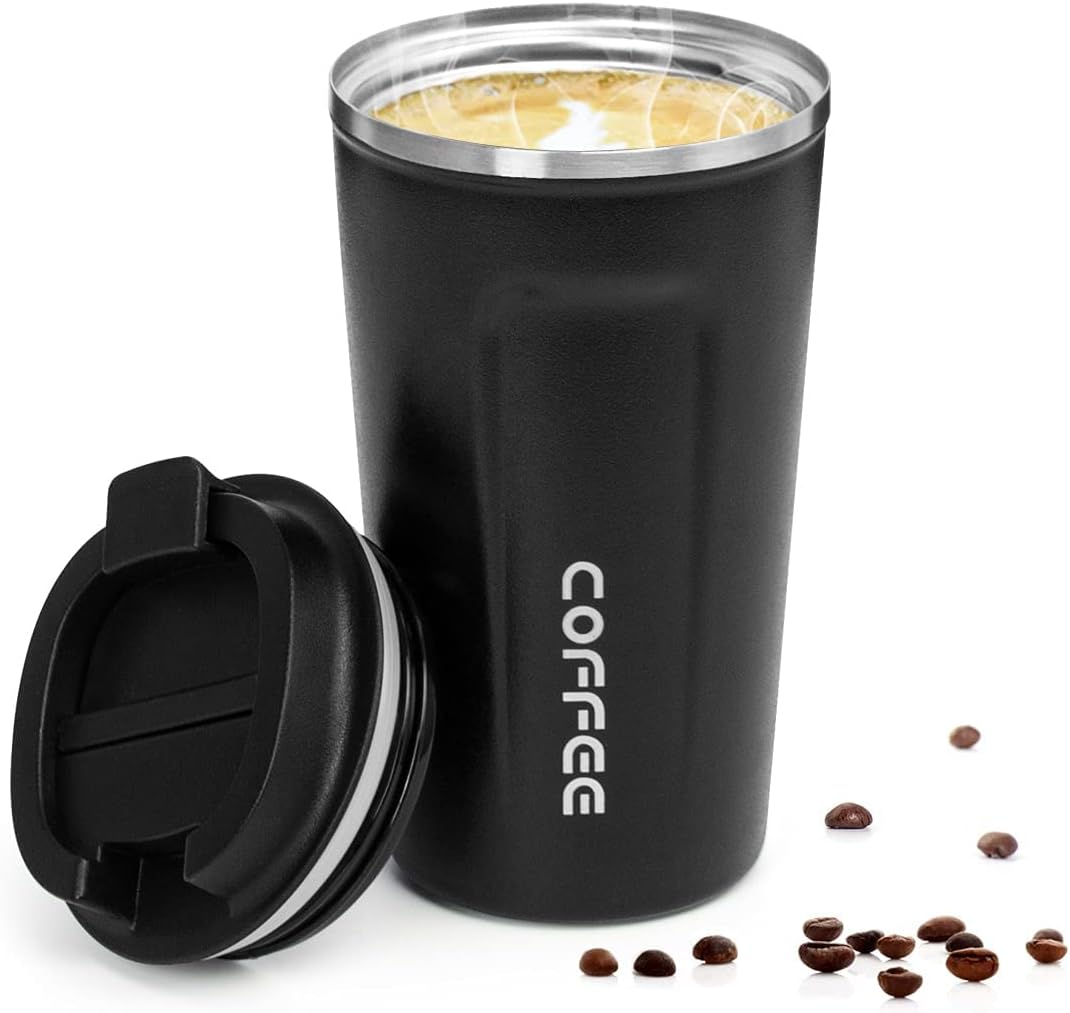 Dravizon Insulated Coffee Cup, Double Walled Insulated Stainless Vacuum Coffee Travel Mug with Leakproof Flip Lid Keep Coffee Tea Hot and Soft Drink Cold (500ml)