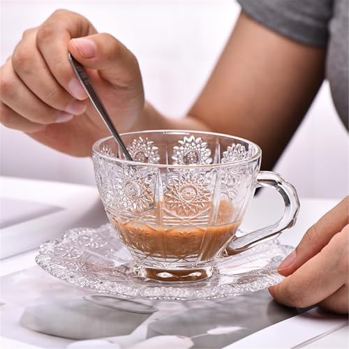 Taza de cristal vintage para desayunos elegantes con platillo y relieve girasol 4