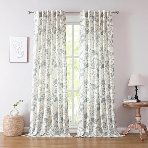 Kayne Studio Blue Grey Floral Botanical Rod Pocket Semi Sheer Curtains 95"L