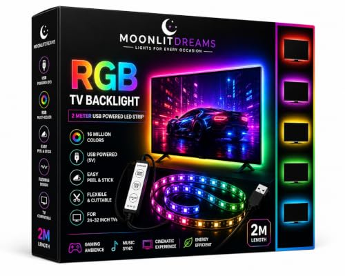 Image of MoonlitDreams RGB LED Strip Light for TV Backlight, USB Powered Flexible Color Changing Light with Mini Controller, Multicolor Mood Lighting for Gaming Desk, PC Monitor, Bedroom & Home Decor, 2 Meter