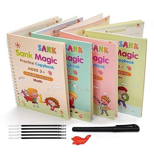 Storio Sank Magic Practice Copybook, (4 Book + 10 Refill+ 2 Pen +2 Grip) Number Tracing Book for Preschoolers with Pen, Magic Calligraphy Copybook Set