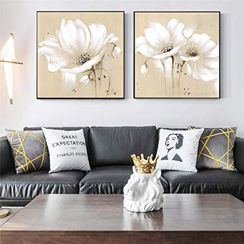 Tableau fleurs abstraites blanches 60x60cm lot de 2 toiles modernes salon