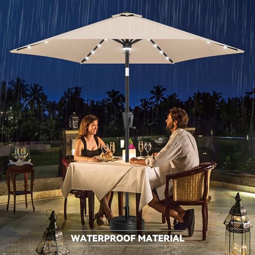 Image of 10FT Solar Patio Umbrella - Outdoor Umbrella with Centre Surround Light 24 LED Lights, Market Table Umbrella with Tilt for Pool, Porch, Garden, Deck, Backyard UV Protection (Beige)