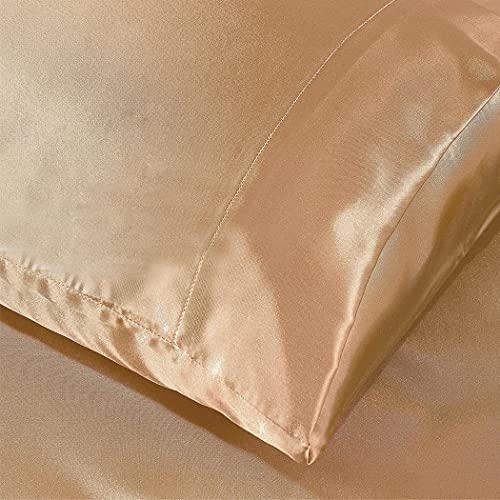 Thmyo Satin Bed Sheet Set,Extra Soft Deep Pocket Silky Satin Sheet Set With 1 Fitted Sheet +1 Flat Sheet + 2 Pillow Cases (4-Piece Beige, Queen) #TOP4