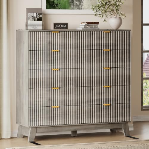 Image of BORNOON 46 inch Tall Dresser for Bedroom, 10-Drawer Fluted Chest of Drawers, Modern Wood Highboy with Metal Slides and Handles, Anti-Tip Kit, Vertical Clothes Storage Organizer for Apartment, Closet