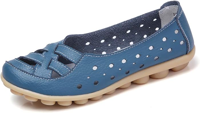 FolHaoth Womens Comfortable Leather Loafers Slip On Walking Flats Casual Round Toe Moccasins Wild Nurse Driving Breathable Fashion Soft Shoes