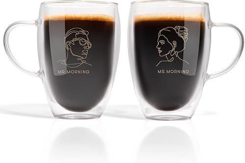 Miniatura 9 de GLORAMA Tazas de café de vidrio de doble pared para parejas, tazas de espresso, tazas de café para parejas con inscripción artística de línea
