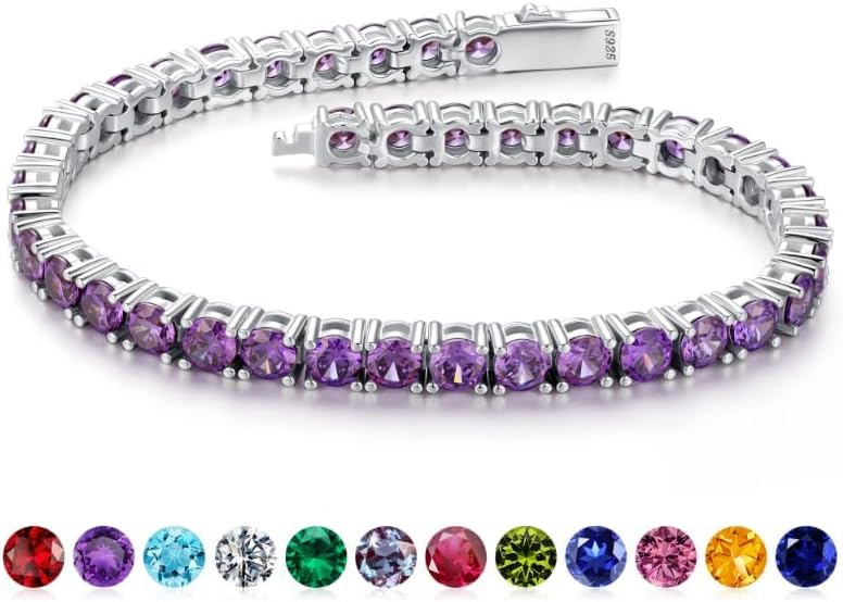 Iefil Mothers Day Gifts - Size 6.5" - 7.5" Sterling Silver Tennis Birthstone Bracelet, Anniversary Birthday Gifts for Women