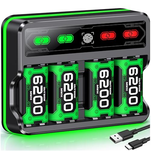 Mocagen 4 Pack 6200mAh Rechargeable Battery Pack for Xbox Series X|S/Xbox One/Elite Controller Charging Station with Touch-Sensor Light Strip, 30+hrs Playtime, Overcharge Protection