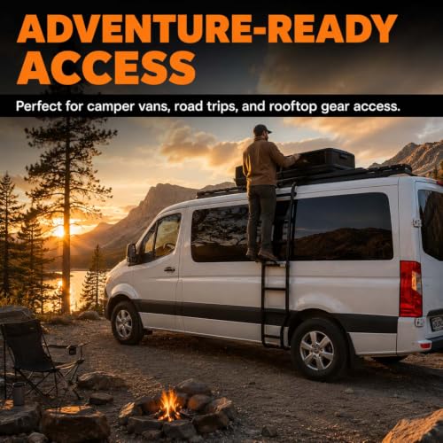 Image of FVC Wheel Wrap Side Ladder for 2007-2026 Low Roof Mercedes Benz Sprinter | Mounts to the Factory Roof Rails, Retains T-Vent or Pop-Out Windows on Driver Side, Seven Gripped Steps