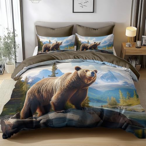 Générique Housse de Couette 140x200 cm Rocher De l'ours Brun Animal Parures de Lit Enfants Polycoton Douce et Confortable Housse de Couette Impression 3D...