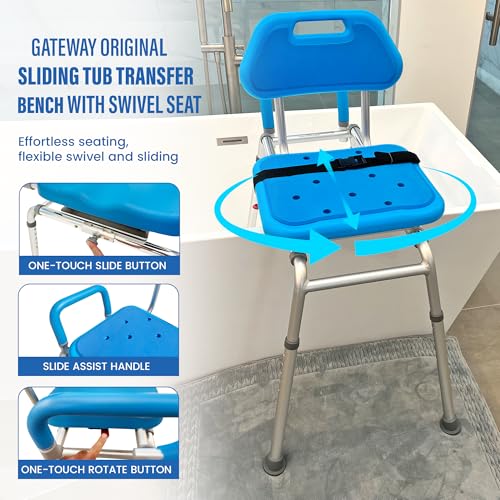 Platinum Health Gateway Premium Sliding Bath Transfer Bench with Swivel Seat-Padded (Blue)