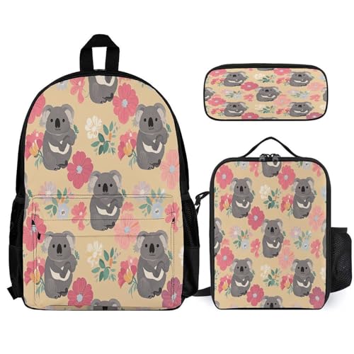 3-in-1 Backpack Combination Set Cute Koala Bear Floral Print 3Pcs Backpack Sets Travel Daypack with Lunch Bag And Cosmetic Bag