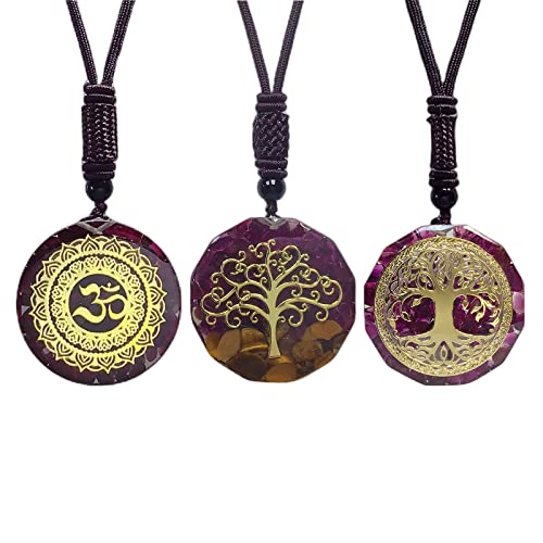 Eden's Call Healing Tree Of Life & Healing Chakra Om Symbol Orgonite Crystal Stone Pendant Necklace For Unisex 26.38" Adjustable Energy Sacred Geometry,Garnet #TOP10