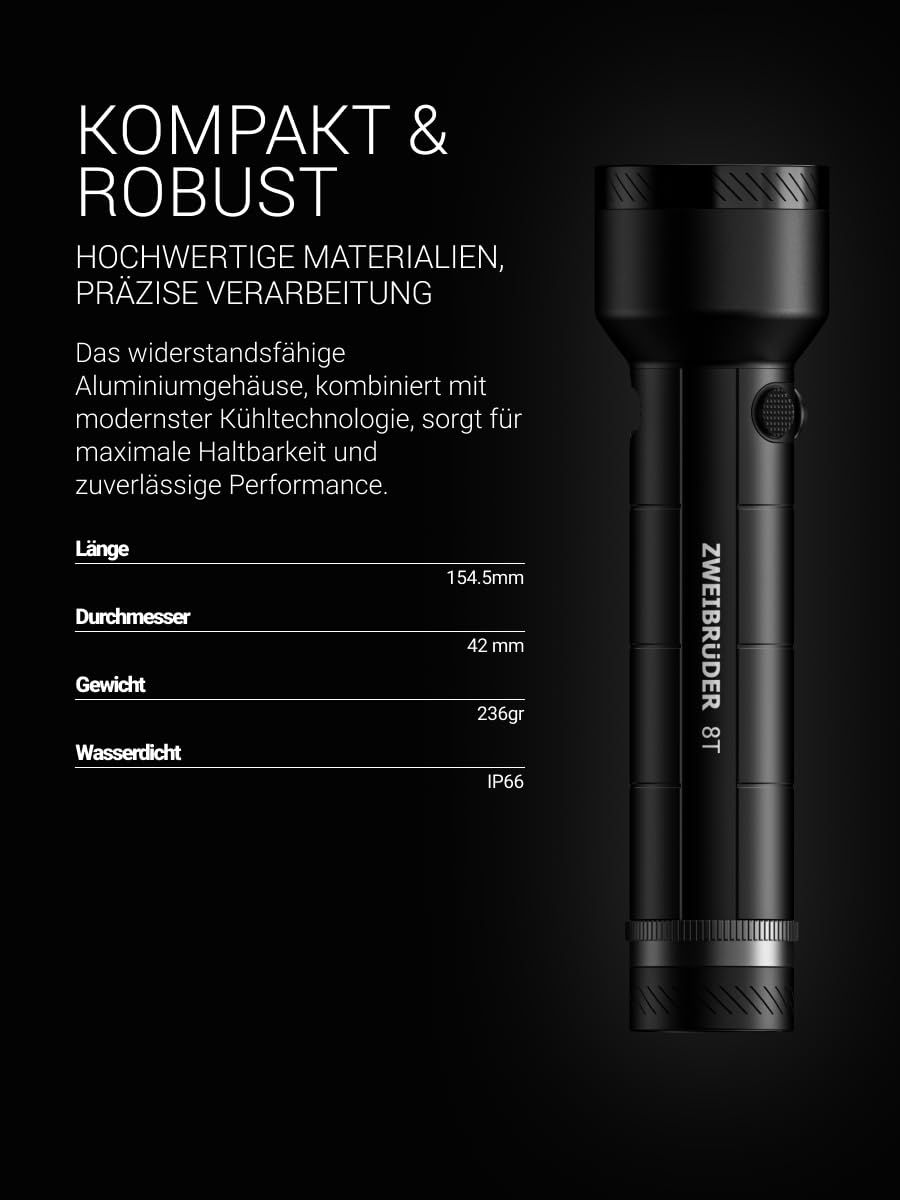 Zweibrüder ZB8T Taschenlampe 4000 Lumen, LED mit Digital Focus | Multiple Optic Technology, USB-C aufladbar inkl. Ladestation, IP66, für Camping, Outdoor, Wandern und Freizeit