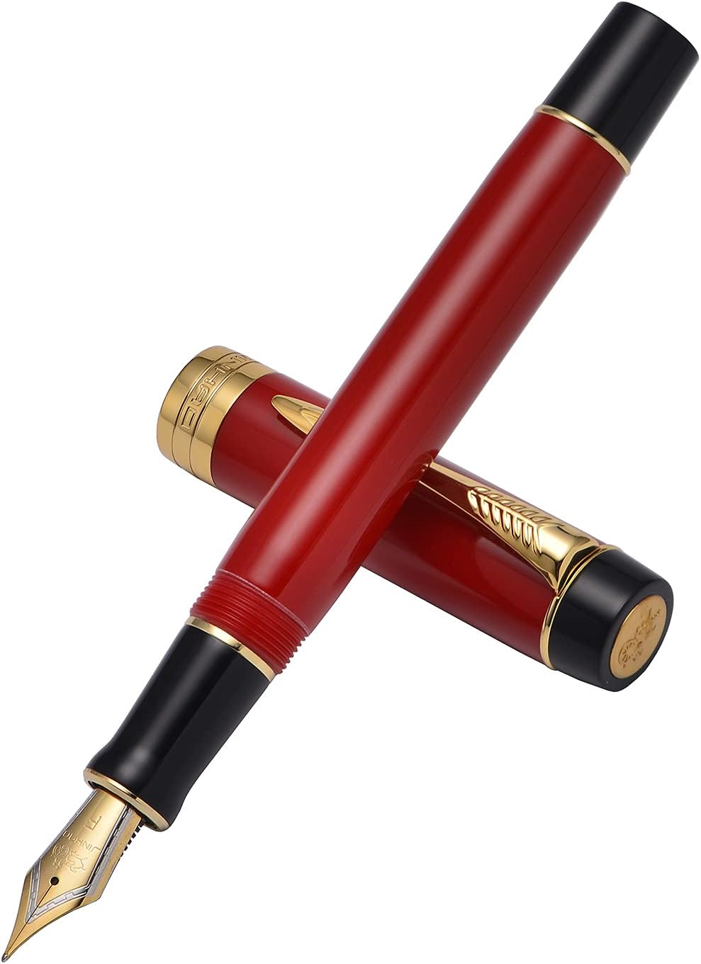 Jinhao 100 Classic Fountain Pen Big Red Marble Celluloid Gold Trim Arrow Clip, Extra Fine Nib with Converter and Pen Case Set