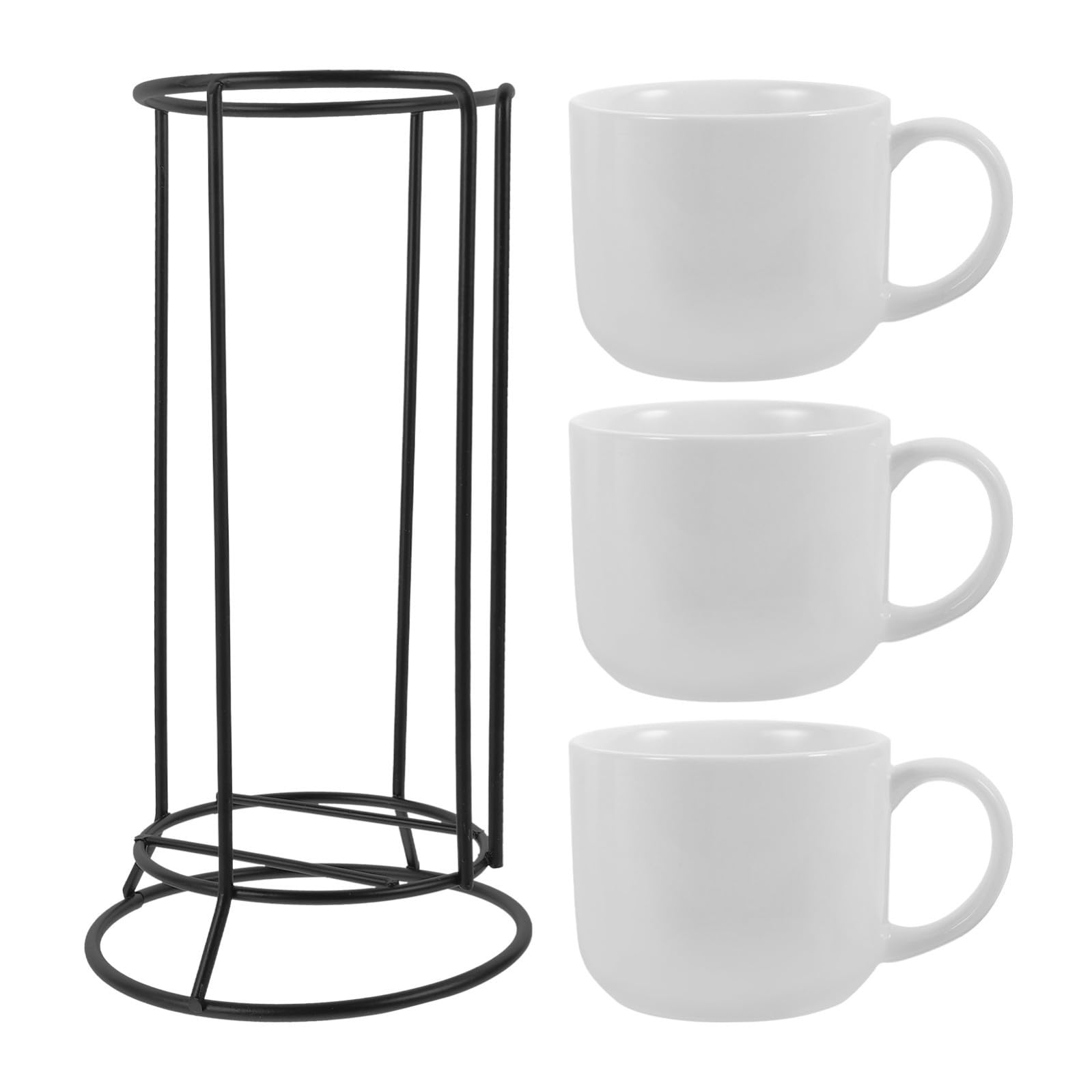Operitacx Tazas de Cerámica y Bordes Lisos de Color Blanco Juego de 4 con Soporte de Hierro para Almacenamiento, Diseño Resistente Adecuado para Hogar y Cafés