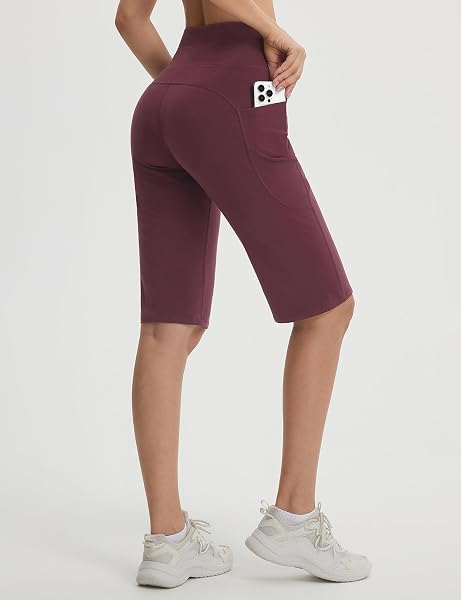 baleaf Pantaloncini da yoga da donna in cotone, lunghezza al ginocchio, a vita alta, pantaloncini sportivi con tasche, elasticizzati, morbidi, larghi, casual, estivi - 2