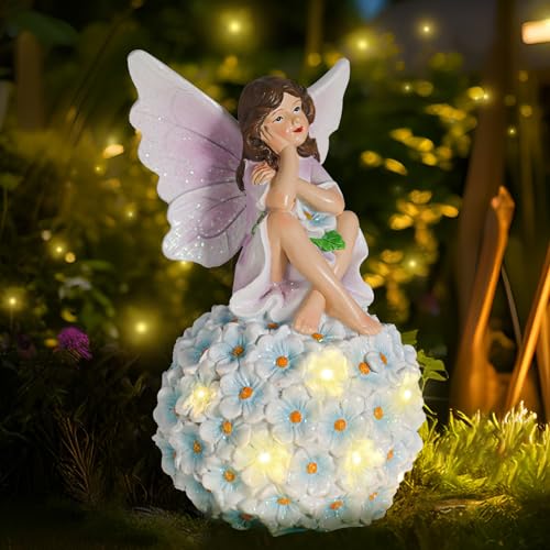 Flower Fairy Garden Decor, Solar Fairy Statues Outdoor Resin Angel Figurine Lights Solar Garden Sculpture for Patio Yard Lawn Gift for Mom Grandma