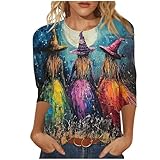 Damen Langarmshirt mit künstlerischem Hexen-Motiv - 3/4-Arm Oberteil mit Buntem Allover-Print | Stimmungsvolles Halloween-Shirt im impressionistischen Stil