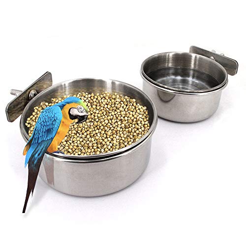 Bird Feeding Dish Cups,Parrot Feeding Bowl Clamp Holder,10-16oz Stainless Steel Coop Cups,Bird Cage Food & Water Bowl for Small Animal Parakeet Conure Cockatiels Budgie Chinchilla Lovebird 2-Pack