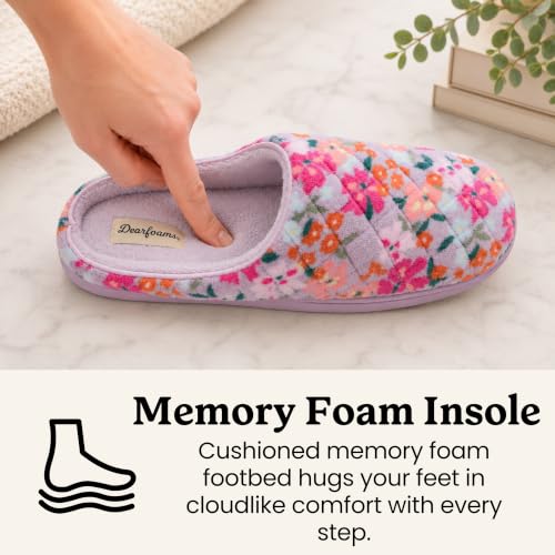 Image of Dearfoams Women's Leslie Quilted Terry Clog, Purple Flowers, L