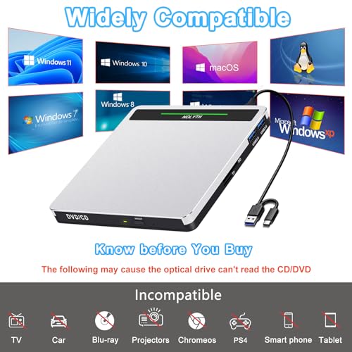 NOLYTH External CD Drive for Apple Mac, USB DVD Drive External DVD Player CD ROM Burner with SD TF 2 USB Ports, Portable Optical Disk Reader for Laptop PC Windows Desktop