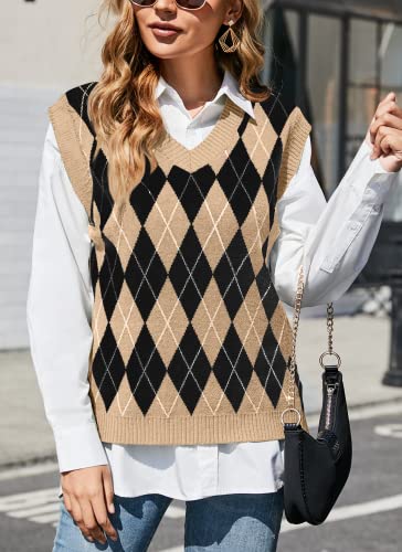 Hocosit Women's V Neck Argyle Plaid Preppy Style Knit Sweater Vest College Sleeveless Crop Knitwear Khaki Large #TOP2