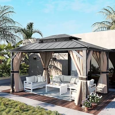 VONZOY 12'x14' Gazebo Outdoor Aluminum Frame, Polycarbonate Combined Hardtop Double Roof and Curtains & Netting for Patios,Deck,Backyard, and Lawns, Beige