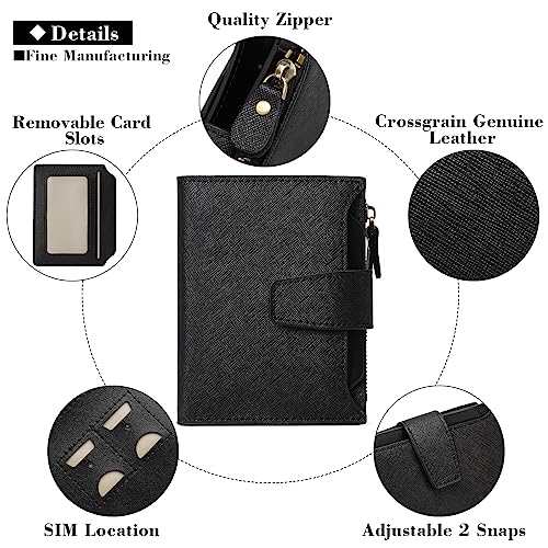 Image of GOIACII RFID Secure Wallet for Women Small Card Holder Leather Black | Trifold Billfold, Cross Grain Leather, Compact Size, 4 ID Windows, 12 Card Slots, 1 Zipper Coin Pocket, Minimalist