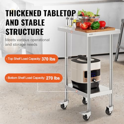 Image of VEVOR Stainless Steel Work Table 24 x 18 x 38 Inch, with 4 Wheels, 3 Adjustable Height Levels, Heavy Duty Food Prep Worktable for Commercial Kitchen Restaurant, Silver