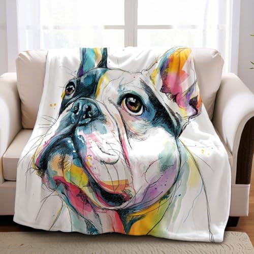 Bulldog francés Manta de Franela Estilo Acuarela 130 x 150 cm Manta Esponjosa y Cálida con Motivo Decorativo para Sofá y Colcha
