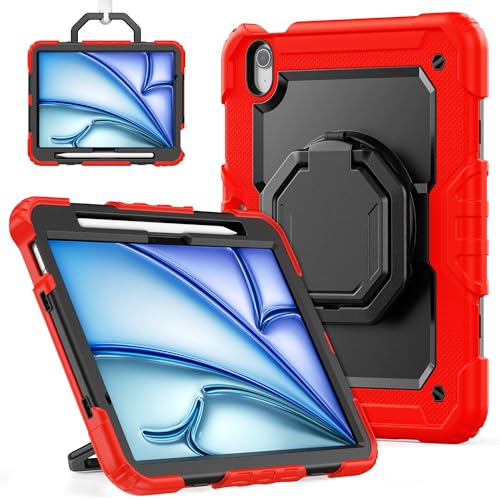 Coque antichoc iPad Air 11 M4 avec bandoulière et support rotatif rouge
