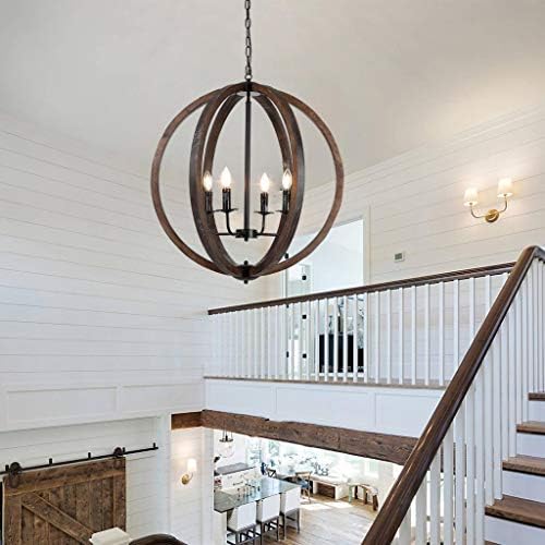 Arteolamp® 28.75" X31" Farmhouse Pendant Light Orb Chandelier Light Wood Wooden Frame Iron Band Sphere Globe Ceiling Light Fixture 4 Lamps (Pale Brown) Pale