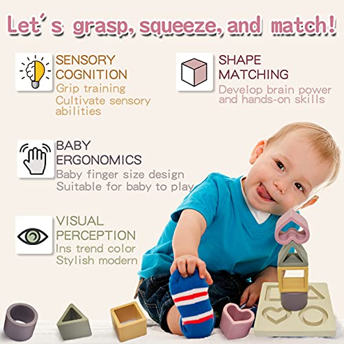 Image of Baby Soft Nesting Sorting Stacking Toys Silicone Teething Blocks Shapes Recognition Learning Development Toys for Toddler 3+ Months(Beige)
