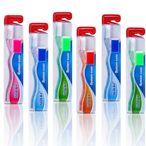 Image of MAXI System Hard Toothbrush for Adults | Deep Plaque & Stain Removal | Anti-Bacterial Travel Cap | Manual Big Head Hard Bristles Tooth Brush | Multicolor Pack of 6