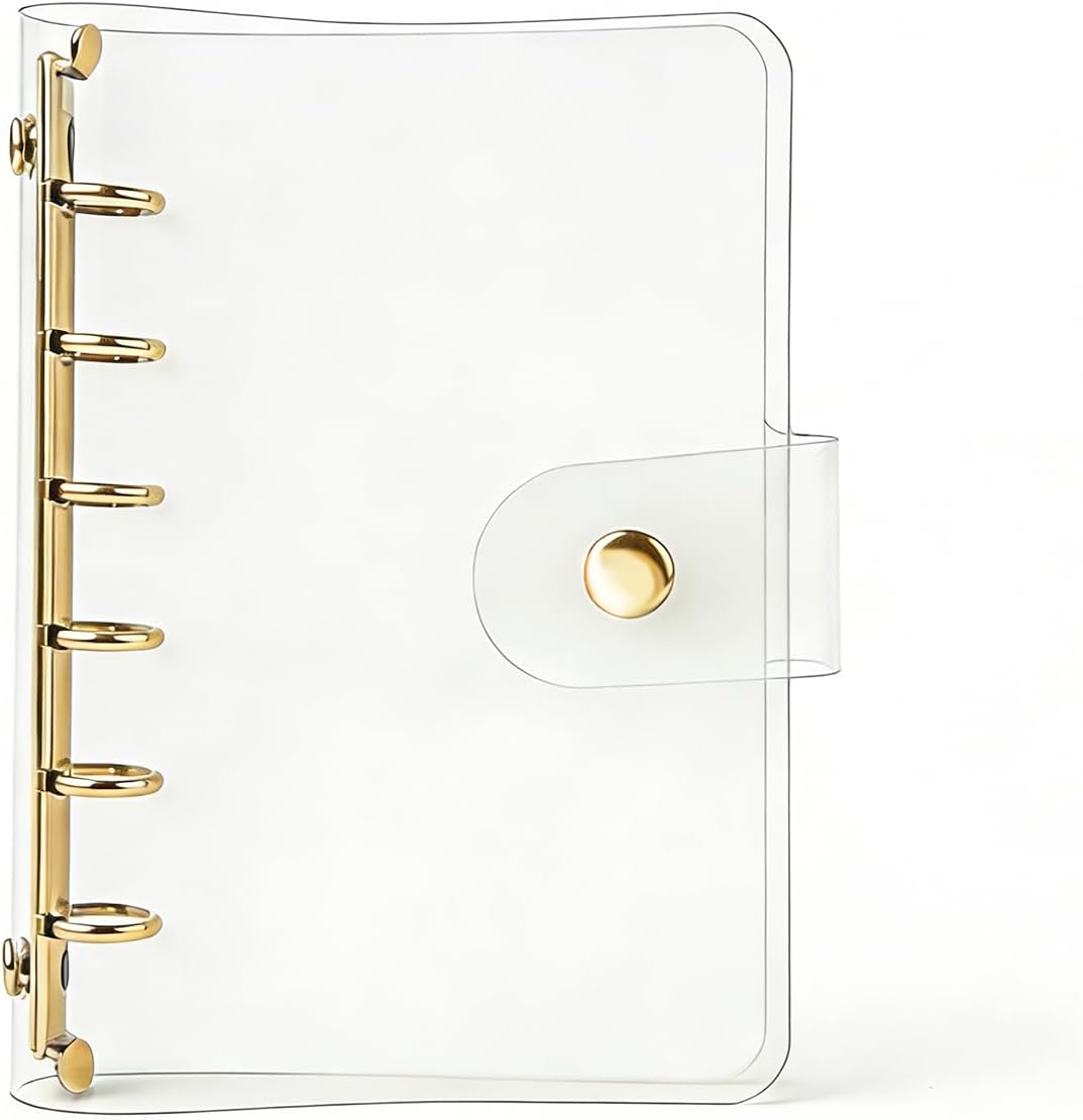 NatSumeBasics A7 Clear PVC Binder Cover Gold 6 Rings Snap Button Closure Loose Leaf Folder Add Paper Soft Notecell Protector (A7 Gold)