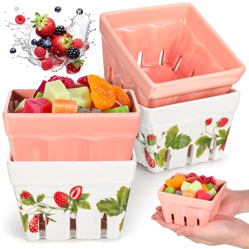 4 Pack Ceramic Berry Basket, Berry-Basket Ceramic-Berry Bowls with Holes Square Fruit Bowls with Holes Kawaii Strawberry Kitchen Bowl Containers-Ceramics Fruit Container for Kitchen Décor, strawberry