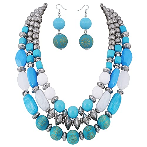 Bocar 3 Layer Chunky Statement Beaded Necklace Set with Earrings Fashion Multi Layer Women Collar Necklace (NK-10625-Cyan Blue-set)