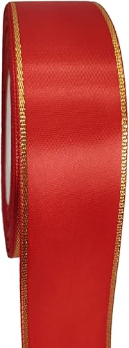 Jesep One Roll JSP001 0 - Cinta de satén de doble cara con alambre dorado de 25 yardas, color rojo Jesep One Roll JSP001 0 - Cinta de satén de doble cara con alambre dorado de 25 yardas, color rojo