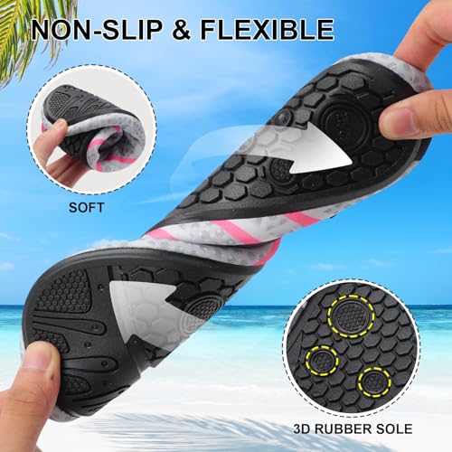 Mens Womens Water Shoes Quick Dry Barefoot Shoes Non-Slip Aqua Socks for Beach Swim Light Grey Pink4