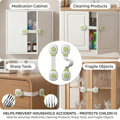 Image of Safe-O-Kid Push Key Multipurpose Child Safety Lock for Cabinets, Drawers, Fridge & Cupboards | Baby Safety Lock with Strong Adhesive | Prevents Finger Pinch Injuries | Pack of 2, (Green)